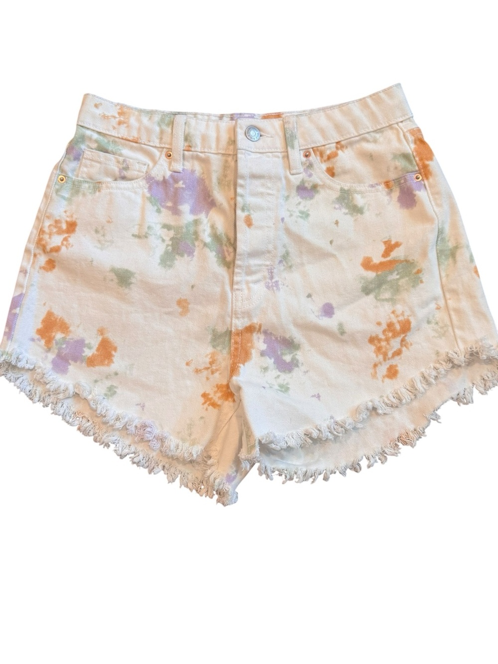 wild fable White Tie-Dye Frayed Hem Denim Shorts with Orange, Green & Purple